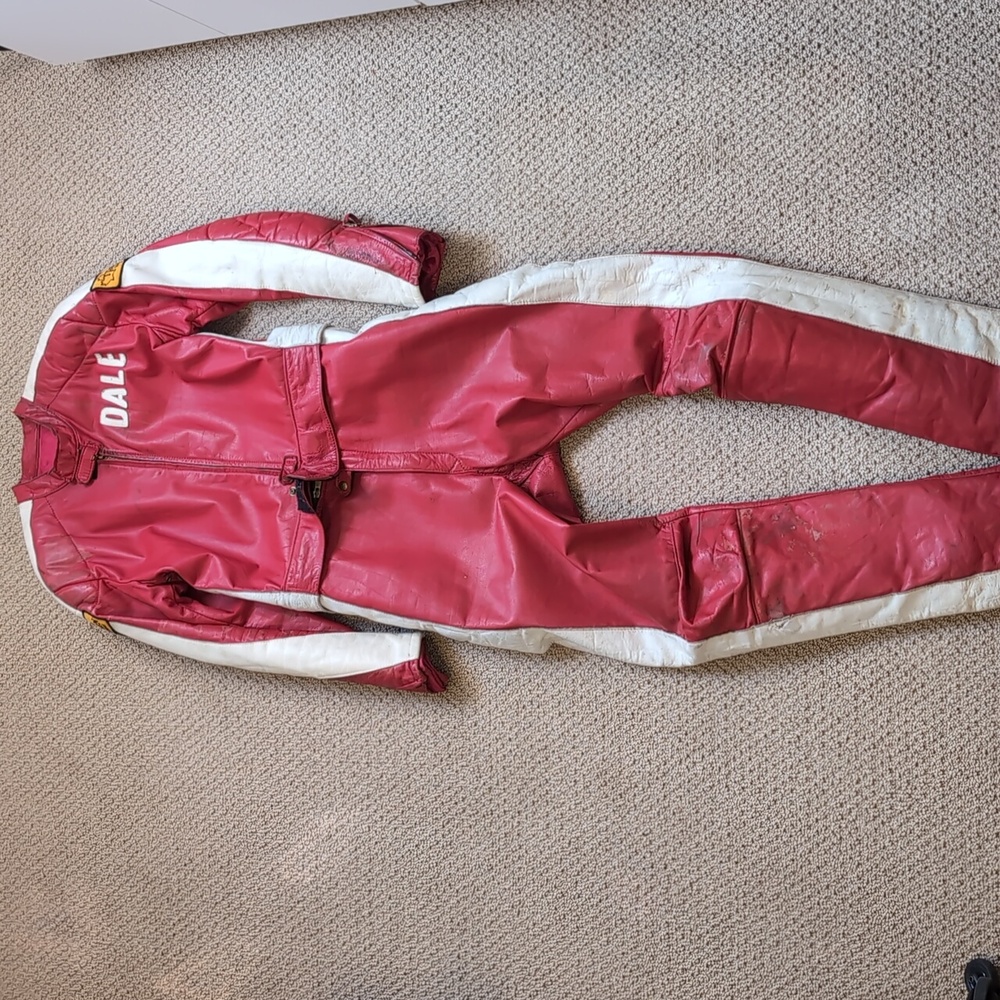 Vintage Motorcycle Leather Suit Red and White Racing Treen Leathers Men's L